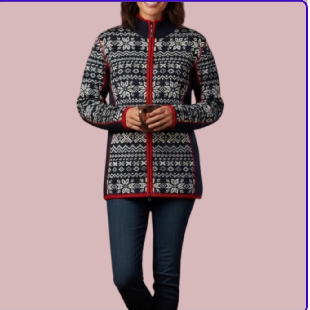 Neve Woman's Black and Red Patterned 100% wool Nordic cardigan.